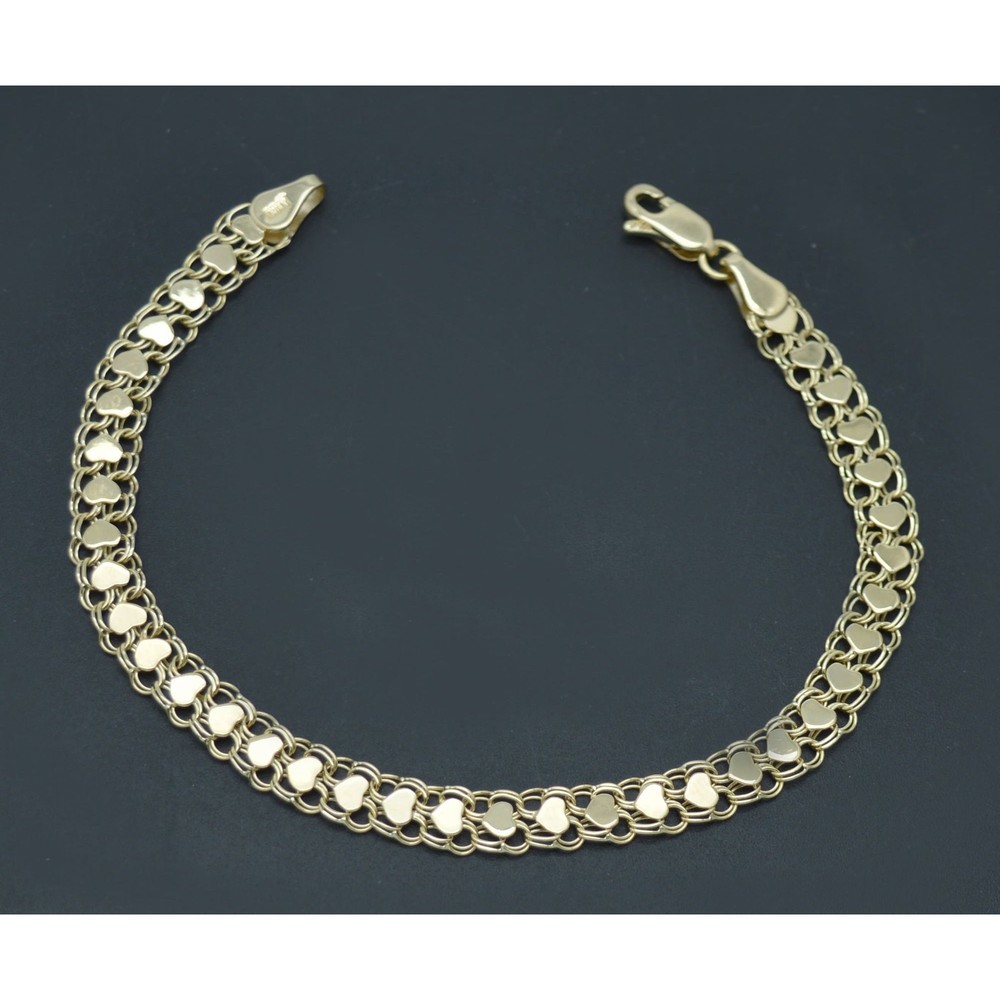 Real 10k Yellow Solid Gold 5.5mm Mirrored Heart Charm Link Chain Bracelet 7"- 8"